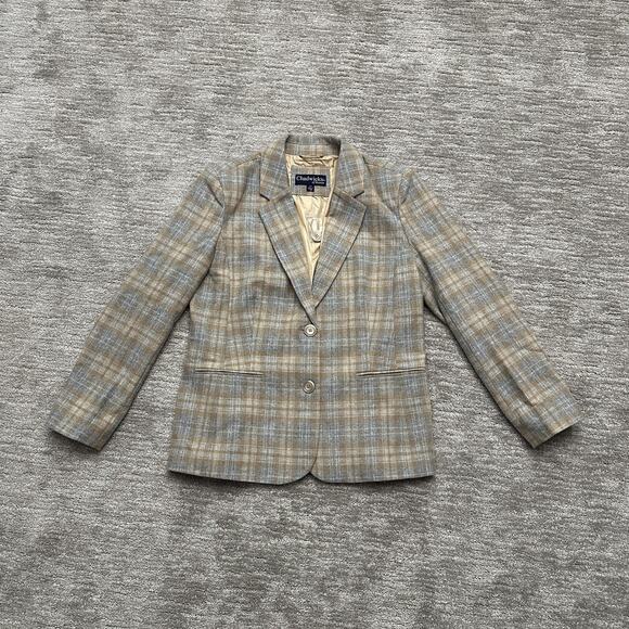 Chadwicks of Boston Blazer Womens 12P Gray Tan Plaid Wool Blend 2 Button Lined - Picture 1 of 10